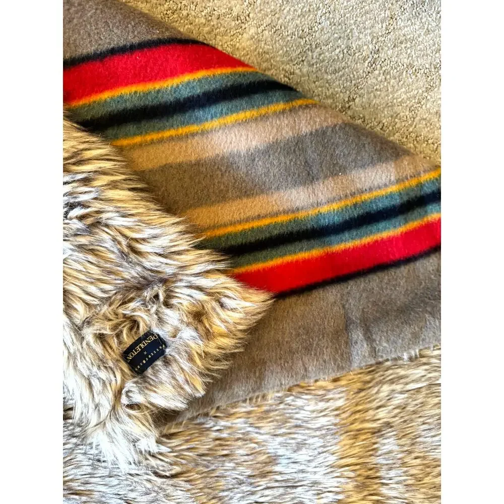 Pendleton Pottery Barn Yakima faux fur Camp Blanket Mineral Umber wool